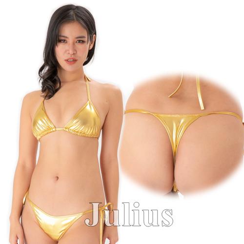 シャイニー ゴールドTバック 三角ビキニ 胸パット入 水着       ブラトップ 紐パンツ 競泳 ...