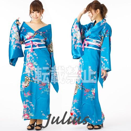 花魁系 サテン地 着物ロングドレス ブルー 和柄 xc65       舞台 ステージ コスプレ よ...