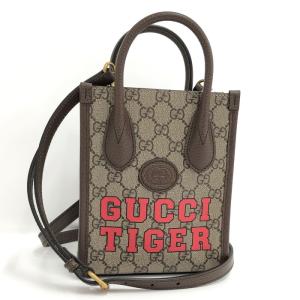 【中古】GUCCI Tiger インターロッキングG 2WAY トートバッグ ショルダーバッグ GGスプリーム レザー ベージュ 671623｜junglejungle