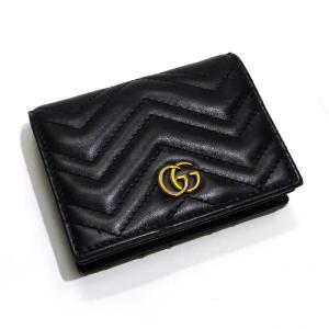 【中古】GUCCI GGマーモント 二つ折り コンパクト財布 キルティング レザー ブラック ゴールド金具 466492｜junglejungle