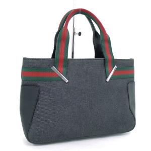 グッチ GUCCI トートバッグ シェリーライン デニムキャンバス×レザー 73984 グレー系×ブラック×シェリーライン ミニトート【中古】[iz]｜junglejungle