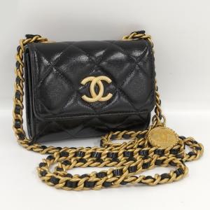 【中古】CHANEL チェーン ショルダーバック ゴールド金具 ポシェット マトラッセ ラムスキン ブラック｜junglejungle