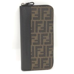 【中古】FENDI ズッカ柄 ラウンドファスナー長財布 レザー ブラウン ブラック 7M0191｜junglejungle