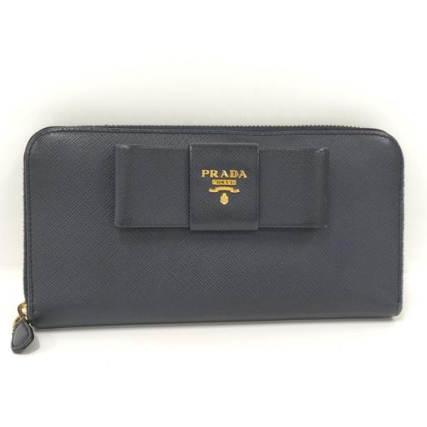 【中古】PRADA ラウンドファスナー長財布 レザー ネイビー 1ML506