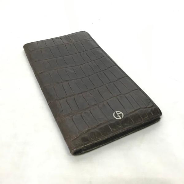 【中古】GIORGIO ARMANI 二つ折り長札入れ レザー クロコ型押し ブラウン[jgg]