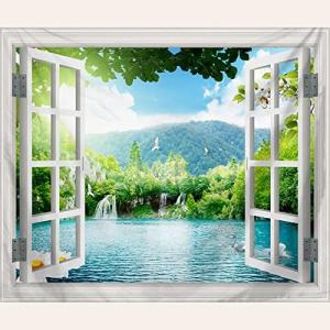 東宝 タペストリー 　窓外風景　湖　滝　山　森　自然景色　太陽　鵞鳥（横幅200cm×縦幅150cm） おしゃれ 多機?