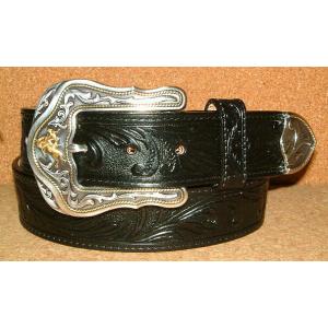 18)C40963 メンズ ブラック エンボス加工 リザード ウエスタンベルト
