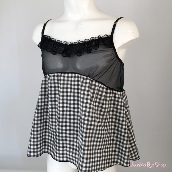 メンズキャミソール チェック柄 ブラック メンズブラ 日本製 黒 かわいい エレガント レース ギン...