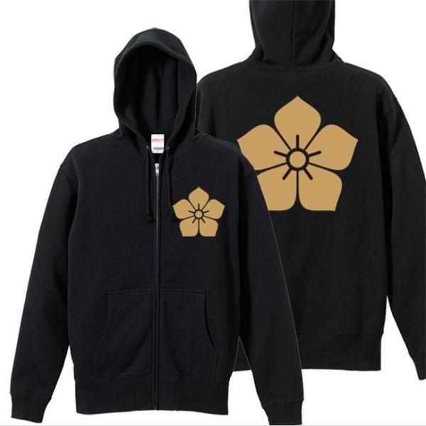 戦国武将 ジップアップパーカー 明智光秀 ブラック S M L XL 家紋 桔梗 プリント色 キャメ...