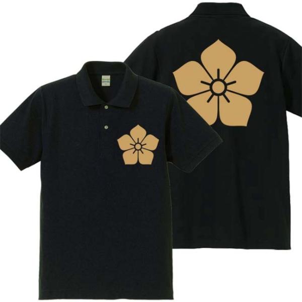 戦国武将ポロシャツ 明智光秀 ブラック S M L XL 家紋 桔梗 プリント色 キャメル