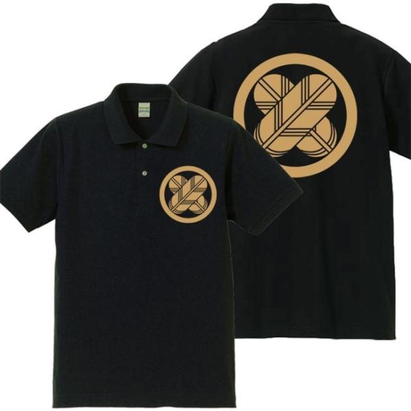 戦国武将ポロシャツ 浅野長政 ブラック S M L XL 家紋 丸に違い鷹の羽 プリント色 キャメル