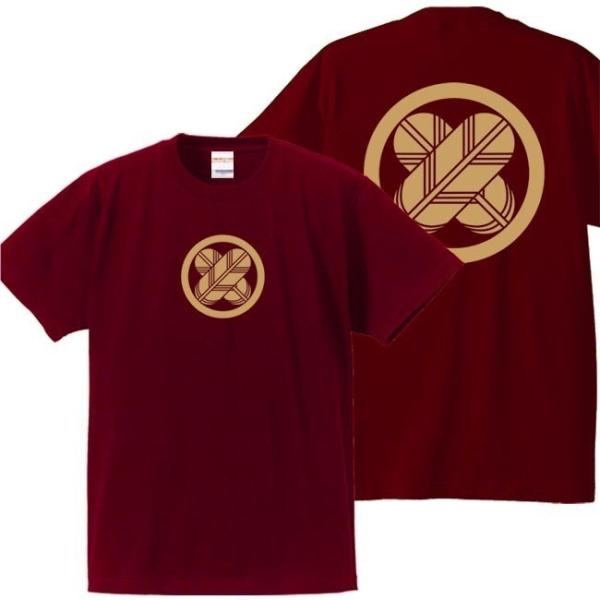 戦国武将Ｔシャツ 浅野長政 エンジ 4L XXXL 家紋 丸に違い鷹の羽 プリント色 キャメル