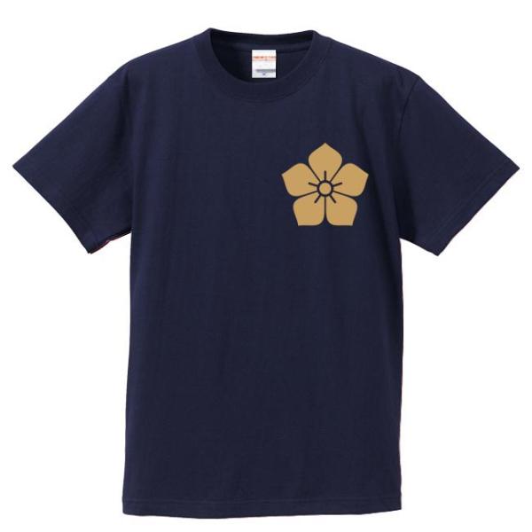 戦国武将Ｔシャツ 明智光秀 ネイビー S M L XL 家紋 桔梗 プリント色 キャメル 左胸プリン...