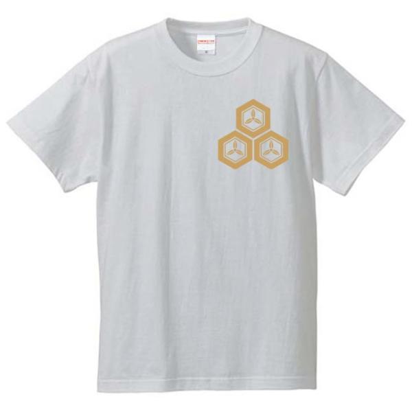 戦国武将Ｔシャツ 直江兼続 ホワイト S M L XL 家紋 三つ盛亀甲に三つ葉 プリント色 キャメ...