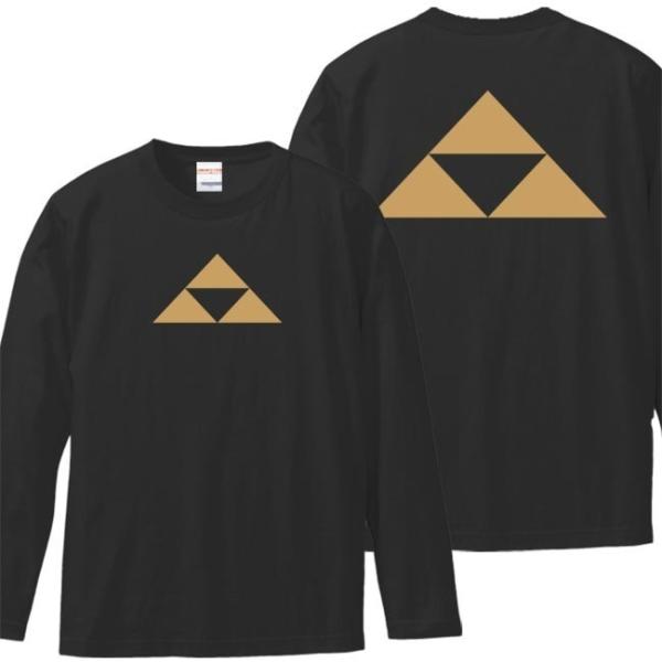 戦国武将Ｔシャツ 長袖 北条義時 ブラック 3L XXL 家紋 三つ鱗 プリント色 キャメル