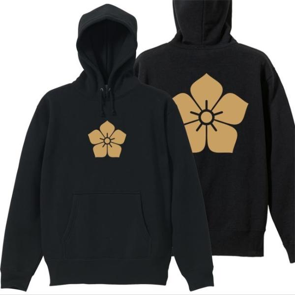 キッズ 戦国武将 プルオーバーパーカー 明智光秀 ブラック 130 150 家紋 桔梗 プリント色 ...