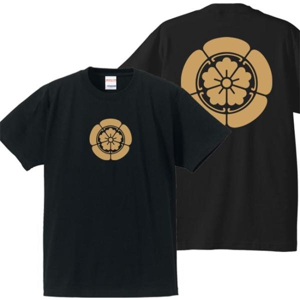 キッズ 戦国武将Ｔシャツ 織田信長 ブラック 90-160 家紋 織田木瓜 プリント色 キャメル