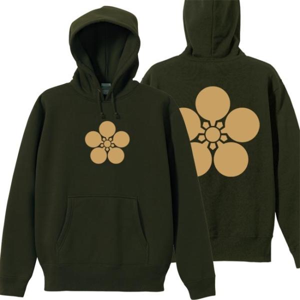 戦国武将 プルオーバーパーカー 前田利家 オリーブ S M L XL 家紋 加賀梅鉢 プリント色 キ...