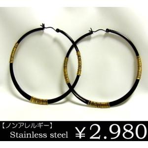 【両耳用】ゴールド ブラックフープステンレスピアス/ステンレスリング ju8 年度末 sale｜juraice