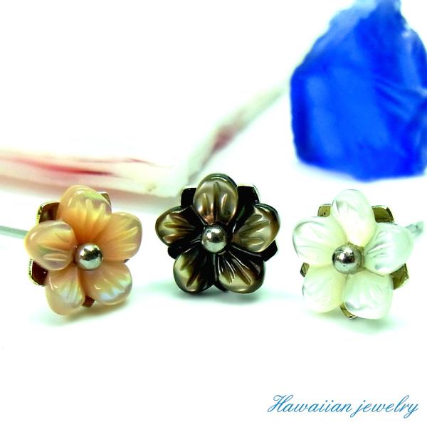 ハワイアンジュエリー ピアス プルメリア ピンクシェル ブラックシェル ホワイトシェル レディース ...