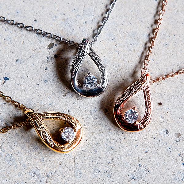 ハワイアンジュエリー ネックレス ステンレス ドロップ しずく 雫 CZ スクロール ゴールド シル...