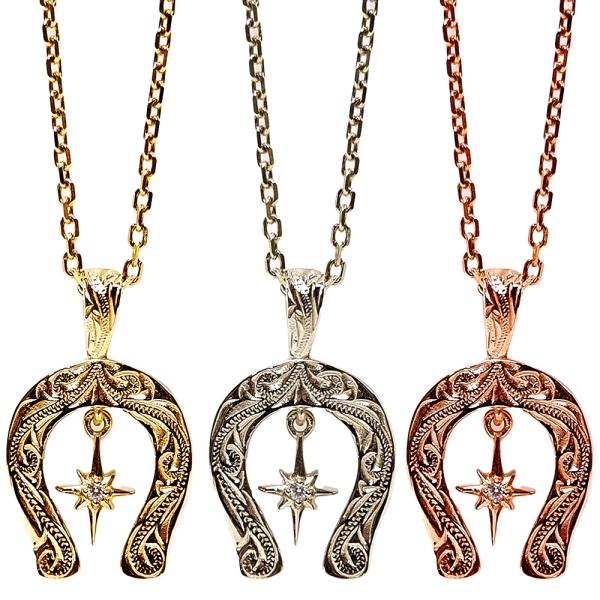 ハワイアンジュエリー ネックレス ホースシュー 馬蹄 キュービックジルコニア スクロール BOX 金...