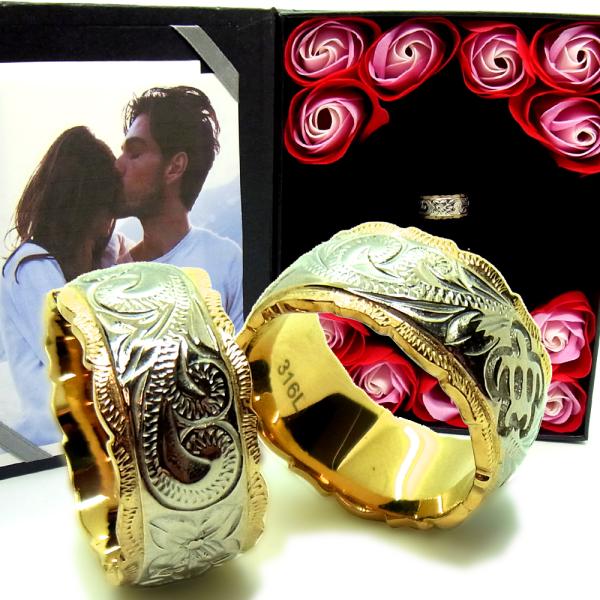 ペアリング ペアハワイアンジュエリー K14ゴールドコーティング プルメリア スクロール カップル ...