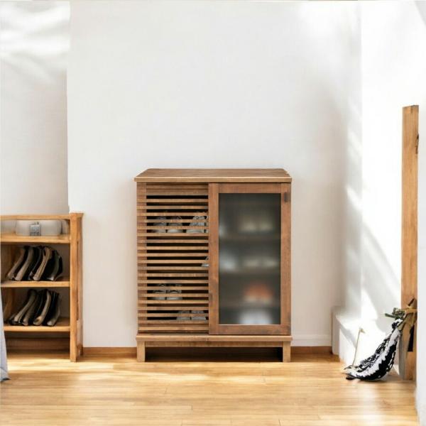 国産 幅80cm ガラス扉 シューズボックス 靴箱 15足 シューズラック 通気性 ルーバー オイル...