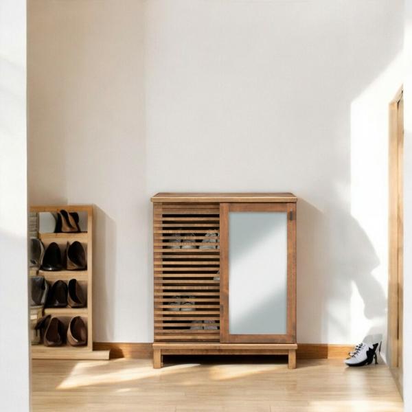 国産 幅80cm ミラー付き 格子 シューズボックス 靴箱 15足 シューズラック 通気性 ルーバー...