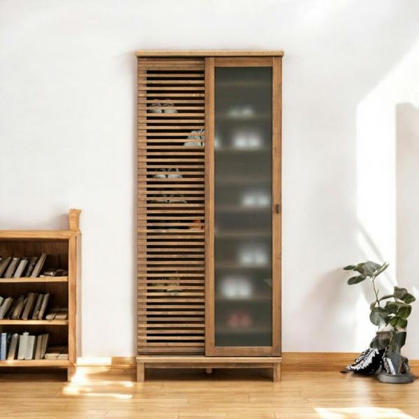 国産 幅80cm ガラス扉 下駄箱 格子 シューズボックス 靴箱 30足 シューズラック通気性 ルー...