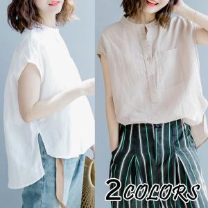 ブラウス シャツ 夏 レディース トップス プルオーバー 丸首 ノースリーブ 大きいサイズ 無地 綿麻混 コットン リネン ｔシャツ シンプル