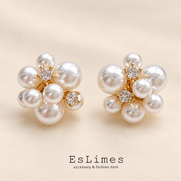 パール ピアス レディース ビジュー フラワー お花 大小パール 上品 華やか 結婚式 韓国風 ゴー...