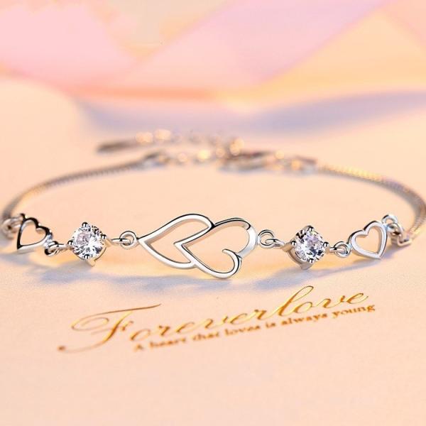 ブレスレット レディース ダイヤ 2粒 ハートモチーフ 2色 クリア 紫 プラチナ仕上げ シルバー9...