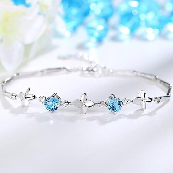 ブレスレット 2粒ダイヤ 四つ葉のクローバー 2色 クリア ブルー プラチナ仕上げ シルバー925 ...