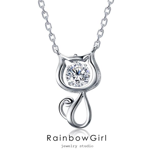 ネックレス レディース 揺れる 猫ペンダント 一粒ダイヤ 可愛い プラチナ仕上げ シルバー925 c...