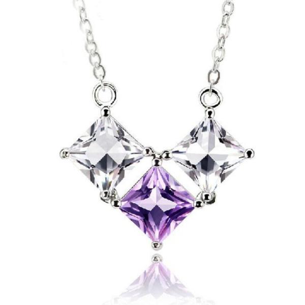 ネックレス 紫水晶 ダイヤ 天然アメシスト 四角ダイヤ 贅沢3粒 プラチナ仕上げ シルバー925 c...
