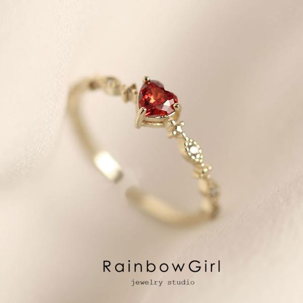 指輪 レディース リング 可愛い ハート レッド石 ガーネット シンプル カジュアル オシャレ 上品...