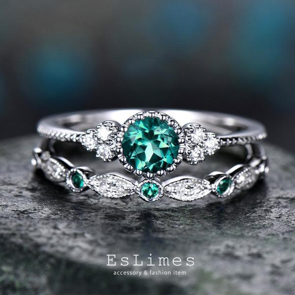 指輪 レディース 2点セット ジルコニア エメラルドグリーン サファイアブルー シルバー 18KGP...