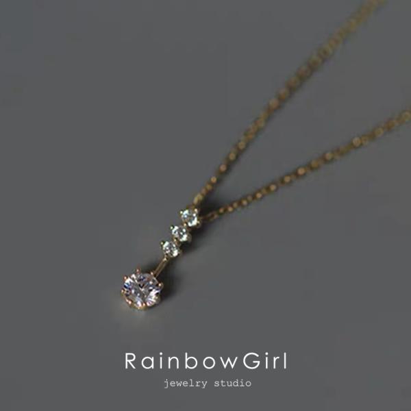 ネックレス レディース 一粒 CZダイヤ 4連粒 シンプル 重ね付け シルバー925 14kゴールド...