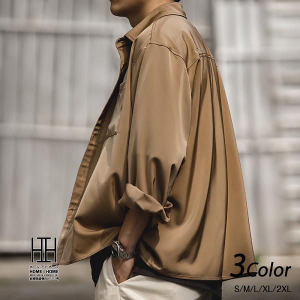 シャツ メンズ サテンシャツ 長袖シャツ メンズシャツ ポケット付き 大きいサイズ ゆったり 滑らか...