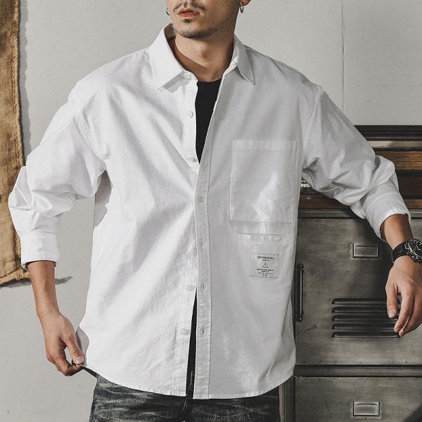 シャツ メンズ 長袖 ストライプシャツ 白シャツ カジュアルシャツ おしゃれ ワンポイント 大容量ポ...