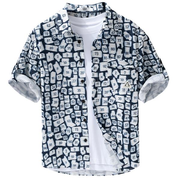 シャツ メンズ 五分袖 ワッフル生地 プリント ポケット 柄シャツ おしゃれ 涼しい 羽織り サマー...