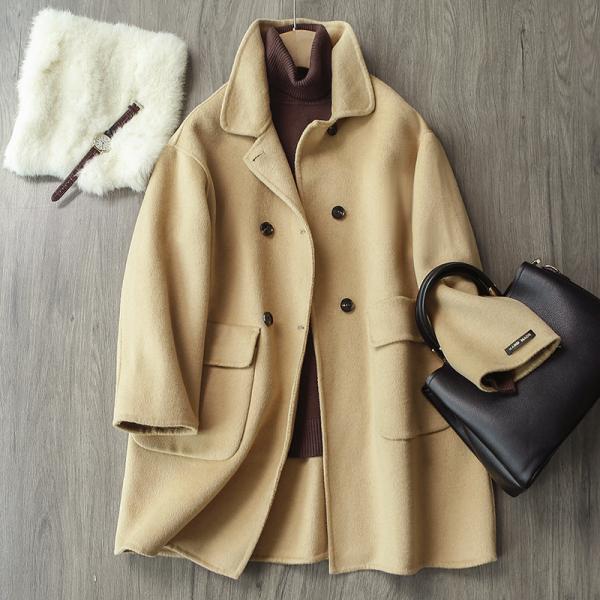 レディース 味わいが感じられ高級感溢れるウール地コート ピーコート 秋服 ダブルボタン仕様 ミディア...