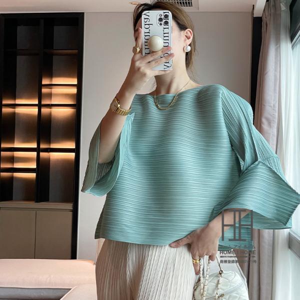 フレアブラウス レディース フレンチフレアスリーブ 九分袖 ルーズ プリーツ フレア袖 きれいめ ビ...