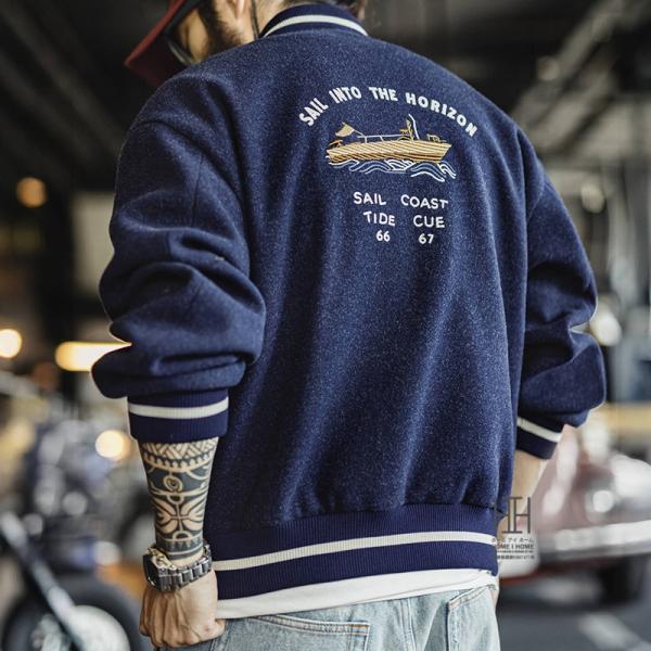 スタジャン メンズ ジャケット ブルゾン おしゃれ ワッペン付き 航海テーマ 立体刺繍 チェーンステ...