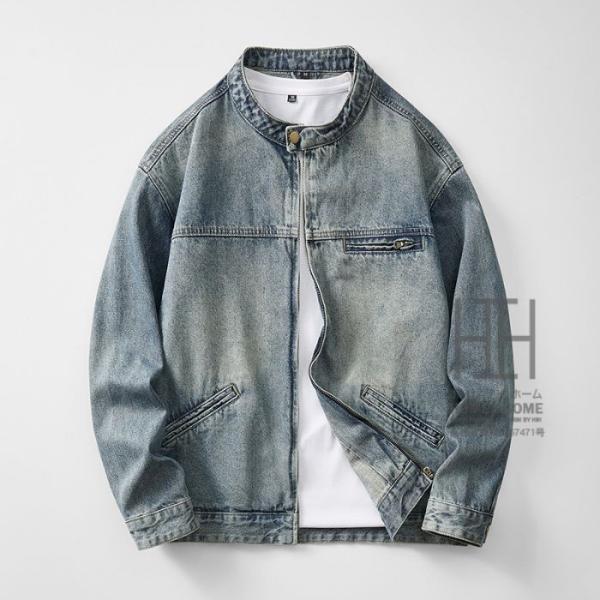 デニムジャケット メンズ デトロイトジャケット ノーカラー フロントジップ スナップボタン バイク ...