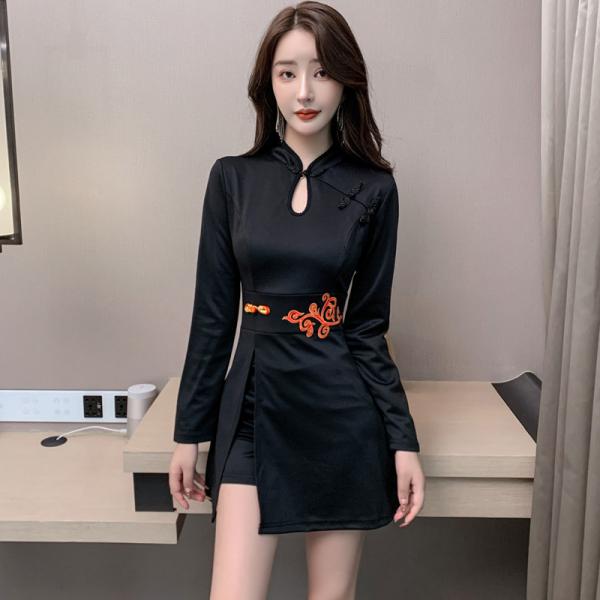 チャイナドレス風ワンピース 短パン付き 2点セット ミニ丈 レディース 長袖 可愛い ハイウエスト ...