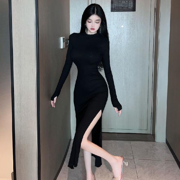 ワンピース マキシ丈 レディース 長袖 モックネック セクシー 両サイドスリット入り 露出 タイト ...