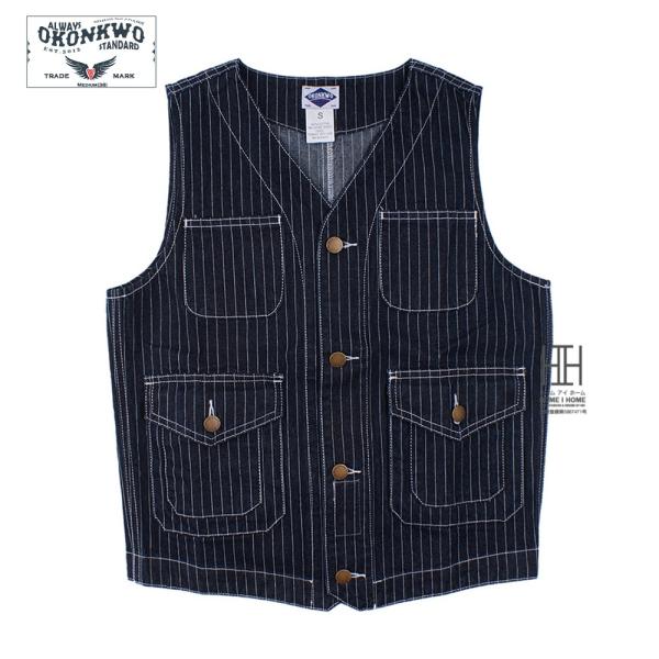 デニム ベスト ワークベスト メンズ レディース インディゴ ストライプ柄 綿 100 多ポケット ...
