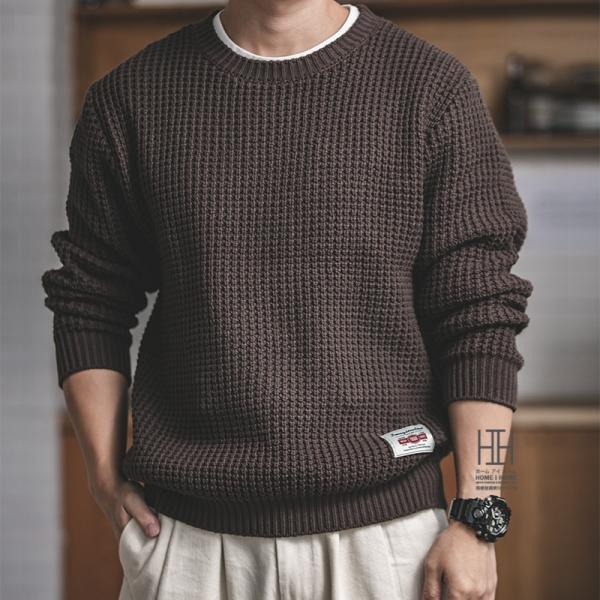 ニットセーター メンズ ワッフル柄 クルーネック ヴィンテージ 丸首 厚手 太番手ヤーン アメカジ ...